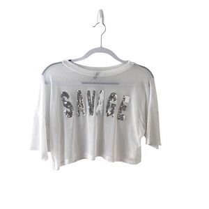 K TOO  Sheer  White Cropped Top with Silver Sequined Lettering  (SAVAGE)  Sz M
